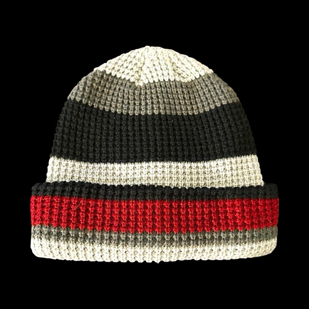 Goodfellow & Co Men's Striped Knit Beanie Hat One Size Gray Black Red
